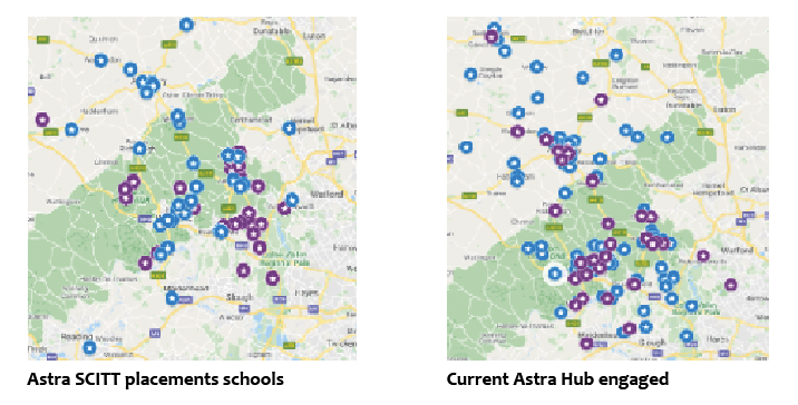 Map of Astra SCITT placement schools and Astra Hub 